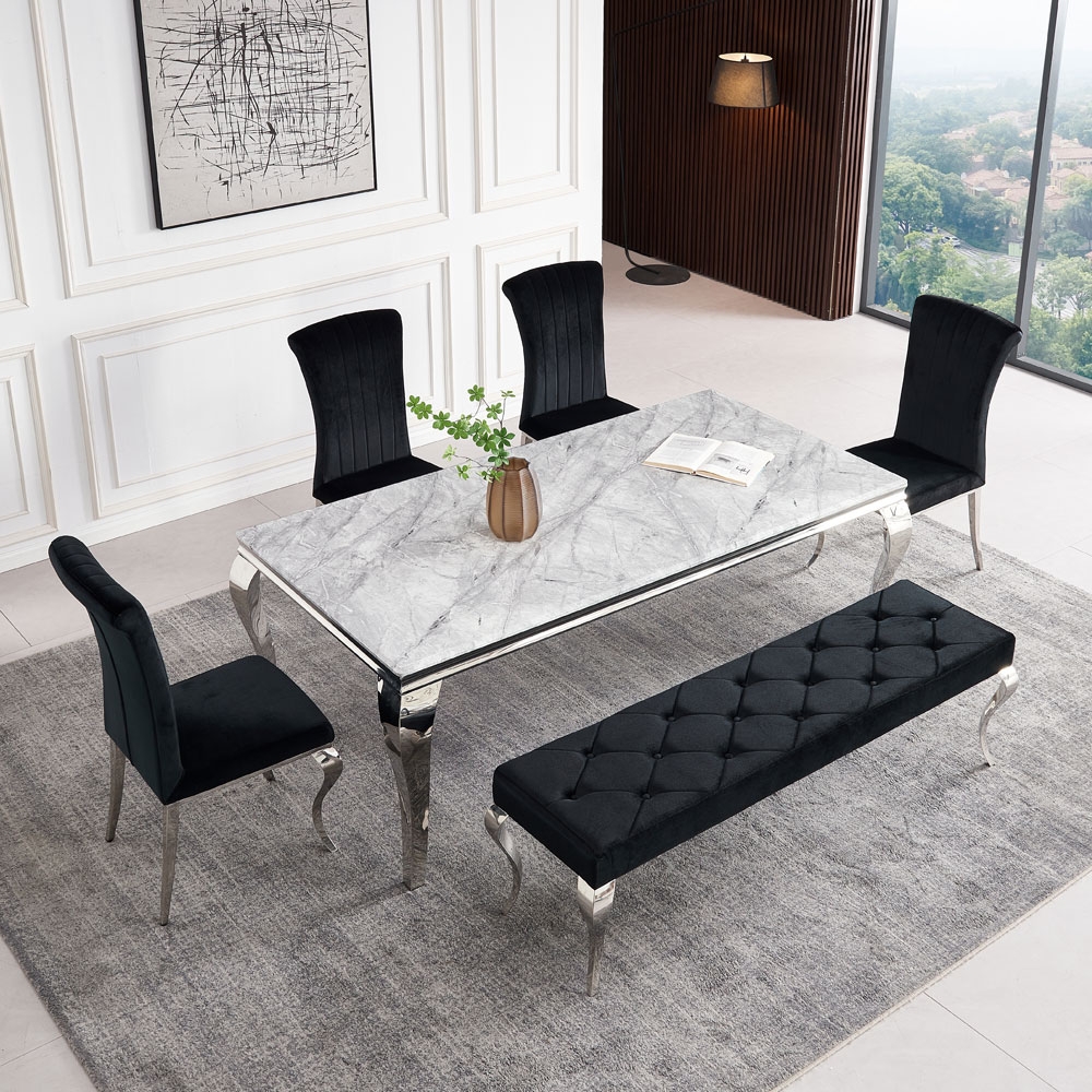 Product photograph of Louis Grey Marble And Chrome Dining Set With Black Velvet Fabric Chairs - Comes In 4 6 8 Seater from Choice Furniture Superstore.
